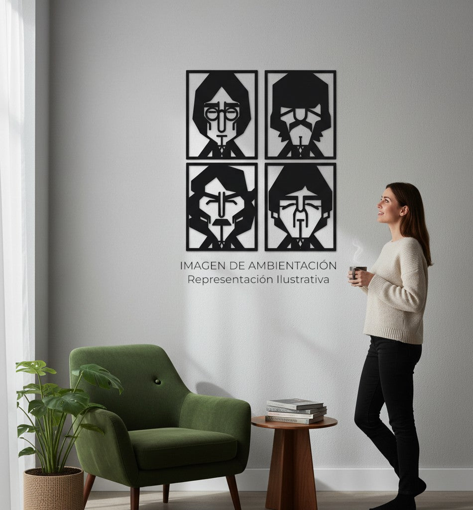 Art by Amapola set of four black metal abstract geometric portraits of The Beatles, minimalist design.
