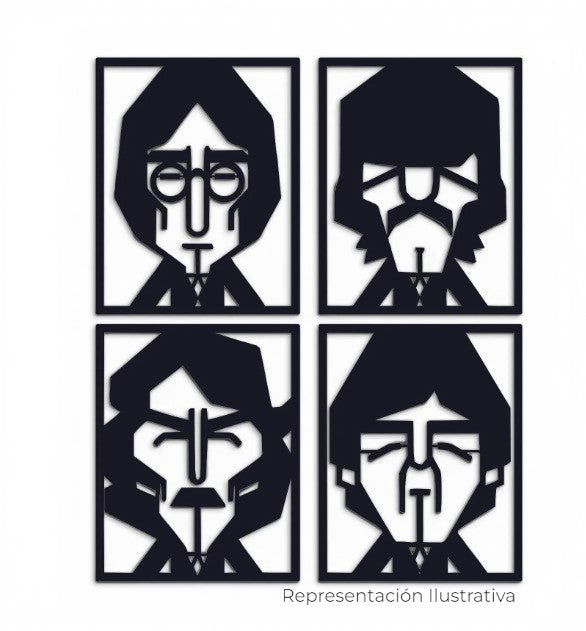 Art by Amapola set of four abstract black metal Beatles portraits with minimalist geometric designs.