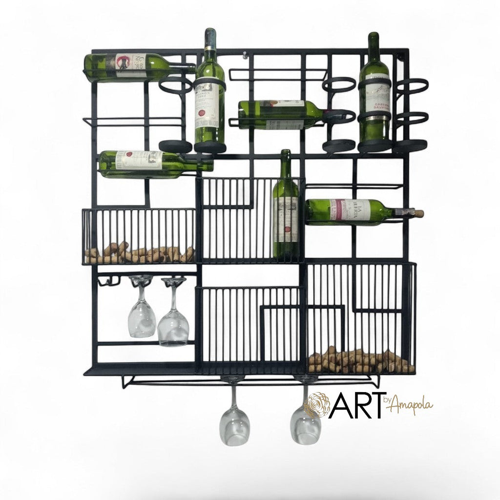 Art by Amapola black metal geometric wine rack with bottle holders, glass racks, and compartments for corks.
