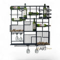 Art by Amapola black metal geometric wine rack with bottle holders, glass racks, and compartments for corks.