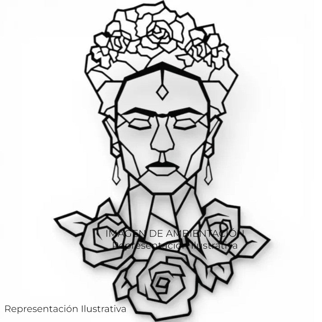 Art by Amapola black metal geometric wall art of a stylized portrait with flowers in hair and at neck.