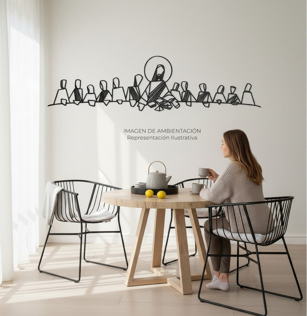 Art by Amapola black metal abstract wall art depicting The Last Supper with minimalist figures. Modern spiritual decor.