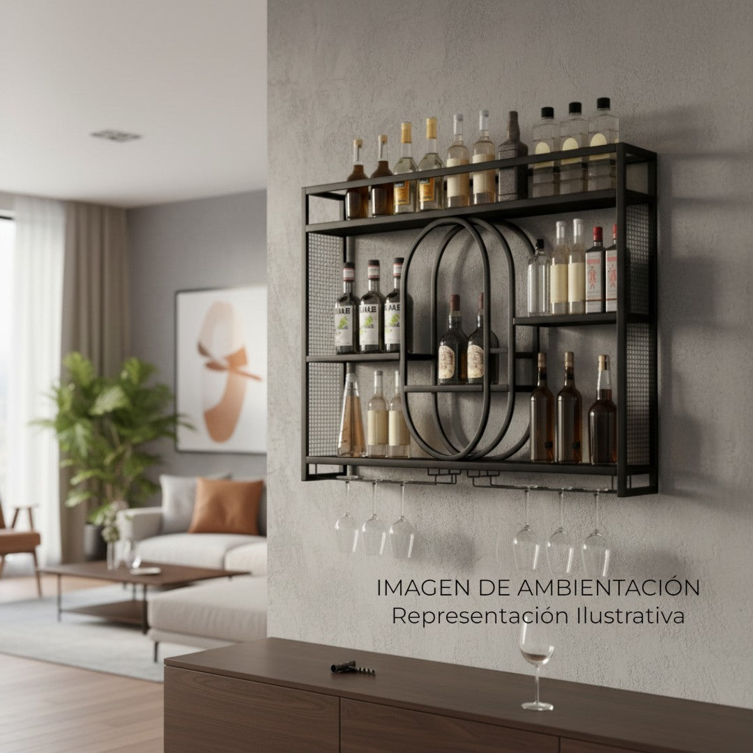 Art by Amapola modern black metal bar cart with wine glass holders and tiered shelving displaying bottles.