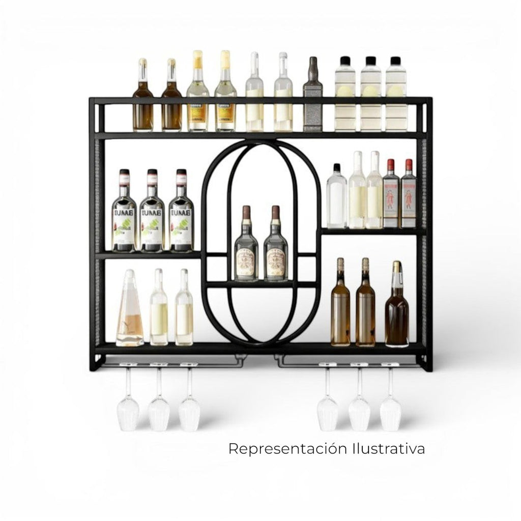 Art by Amapola modern black metal bar cart with tiered shelving, wine glass holders, and oval design detail.