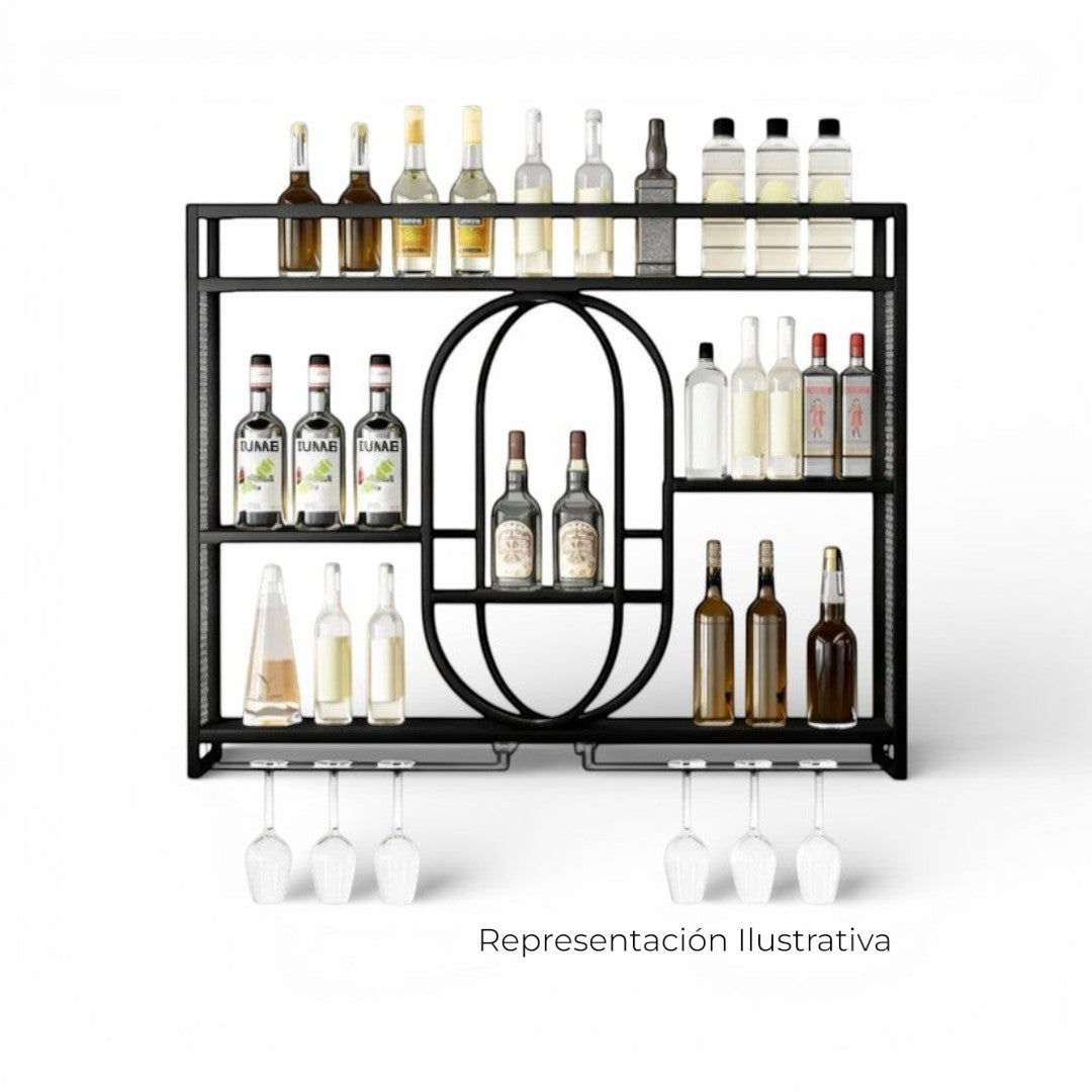 Art by Amapola modern black metal bar cart with tiered shelving, wine glass holders, and oval design detail.