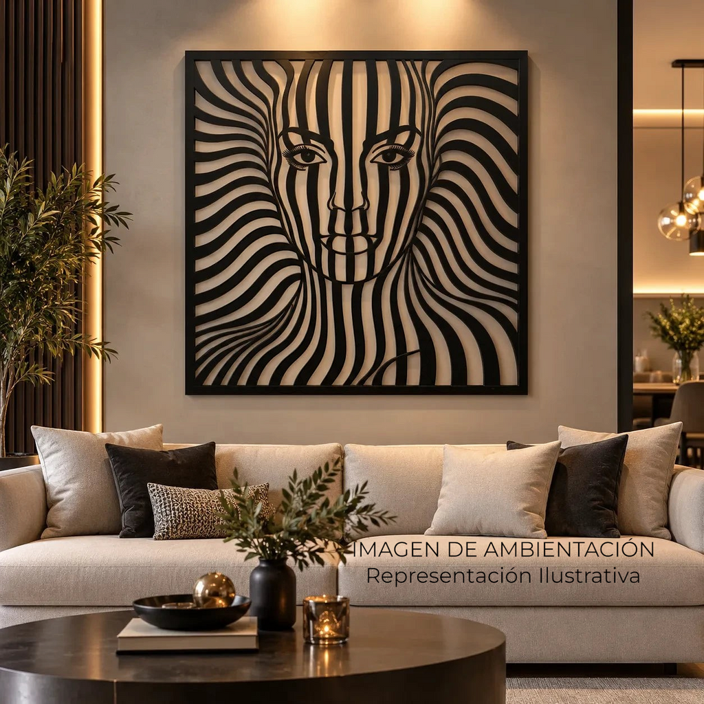 Cuadro de pared Art by Amapola con diseño abstracto de rostro femenino en metal negro mate sobre un sofá moderno