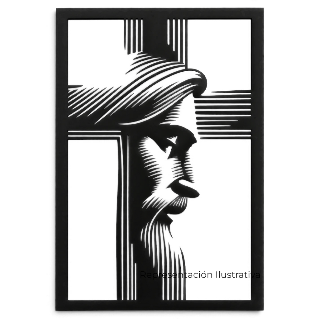 Cuadro decorativo Art by Amapola de metal negro mate con silueta de rostro de Jesús integrada en una cruz minimalista.