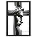 Cuadro decorativo Art by Amapola de metal negro mate con silueta de rostro de Jesús integrada en una cruz minimalista.