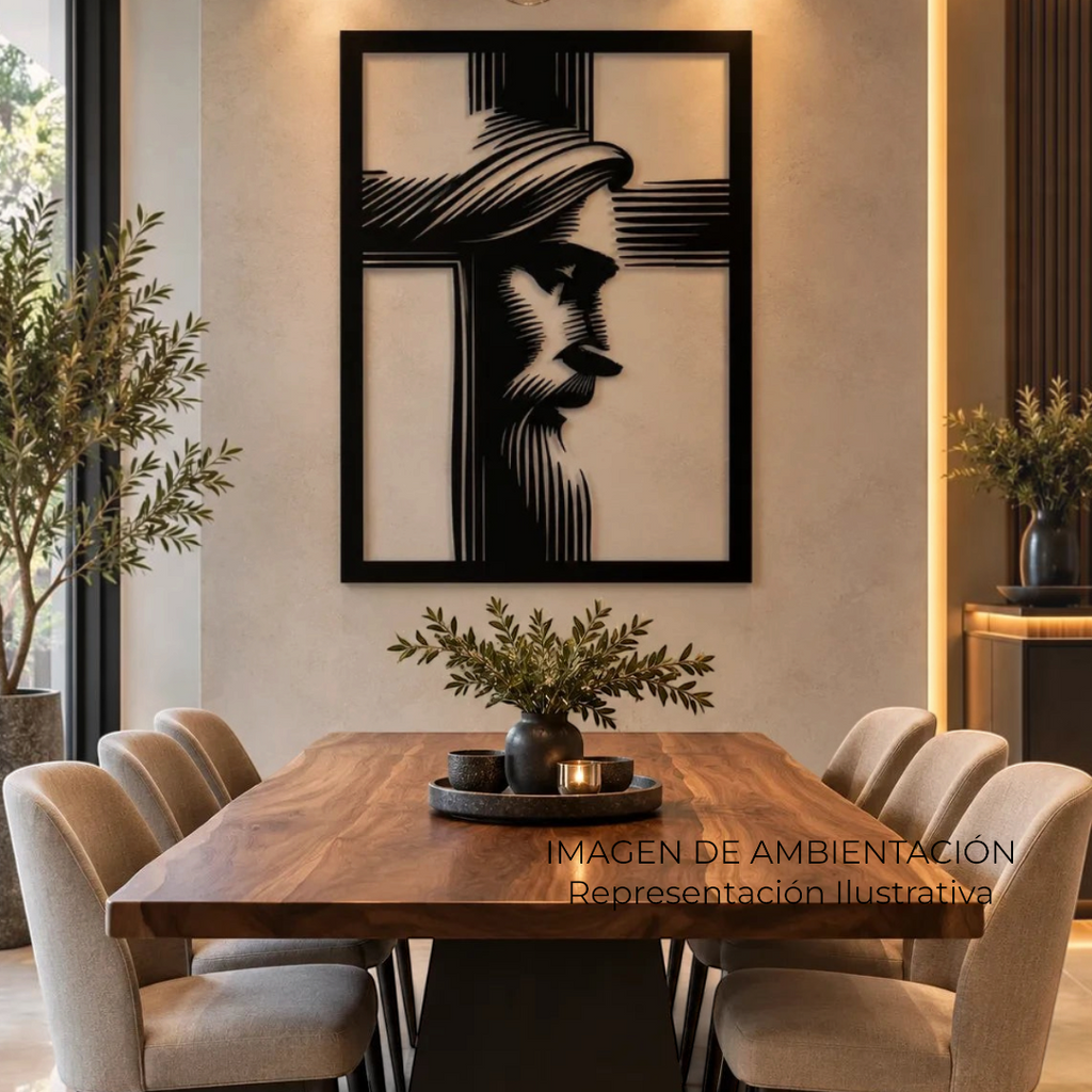 Cuadro de pared Art by Amapola con silueta de rostro de Jesús en cruz, metal negro mate, estilo minimalista moderno.
