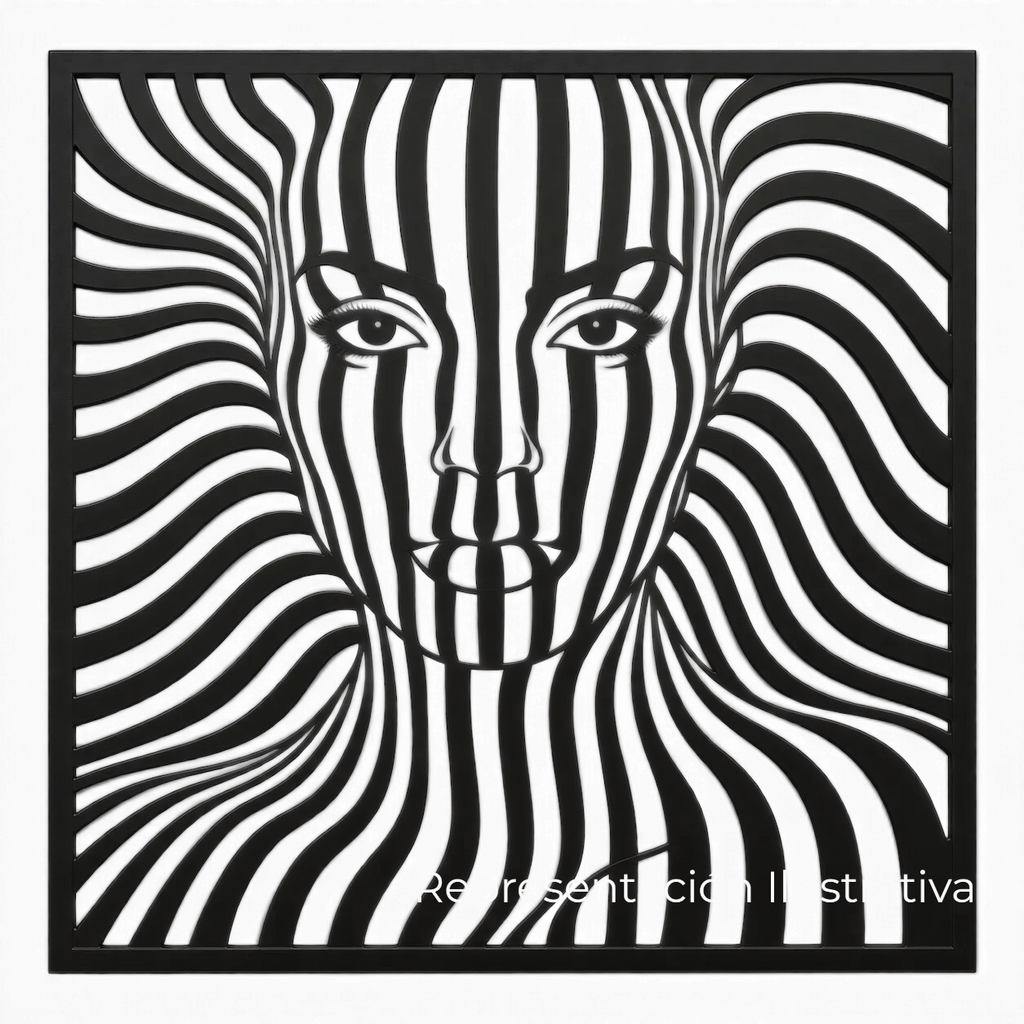 Cuadro decorativo Art by Amapola de metal negro mate con diseño abstracto de rostro femenino y líneas fluidas.
