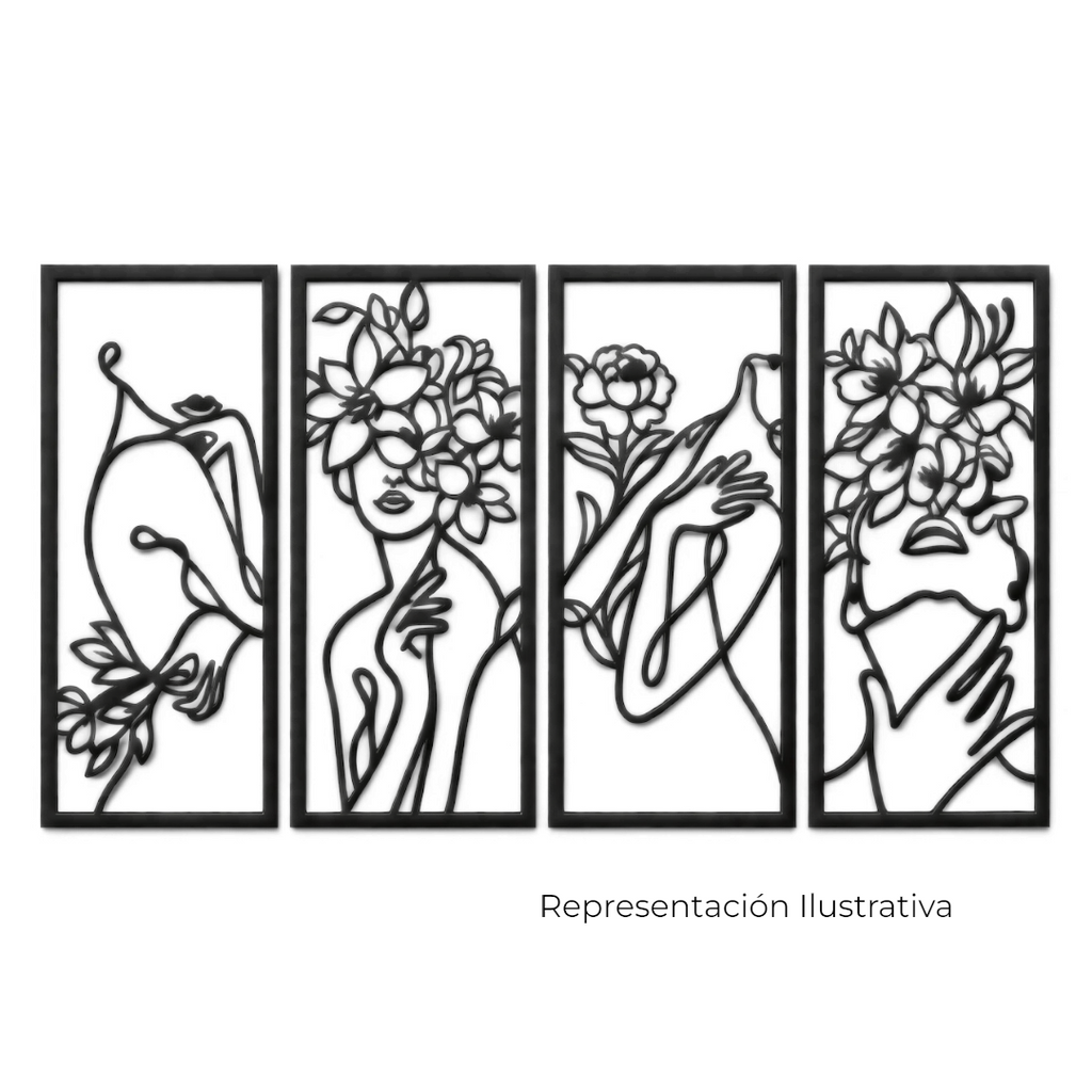 Set de 4 cuadros Art by Amapola de metal negro con siluetas femeninas y motivos florales en estilo minimalista.