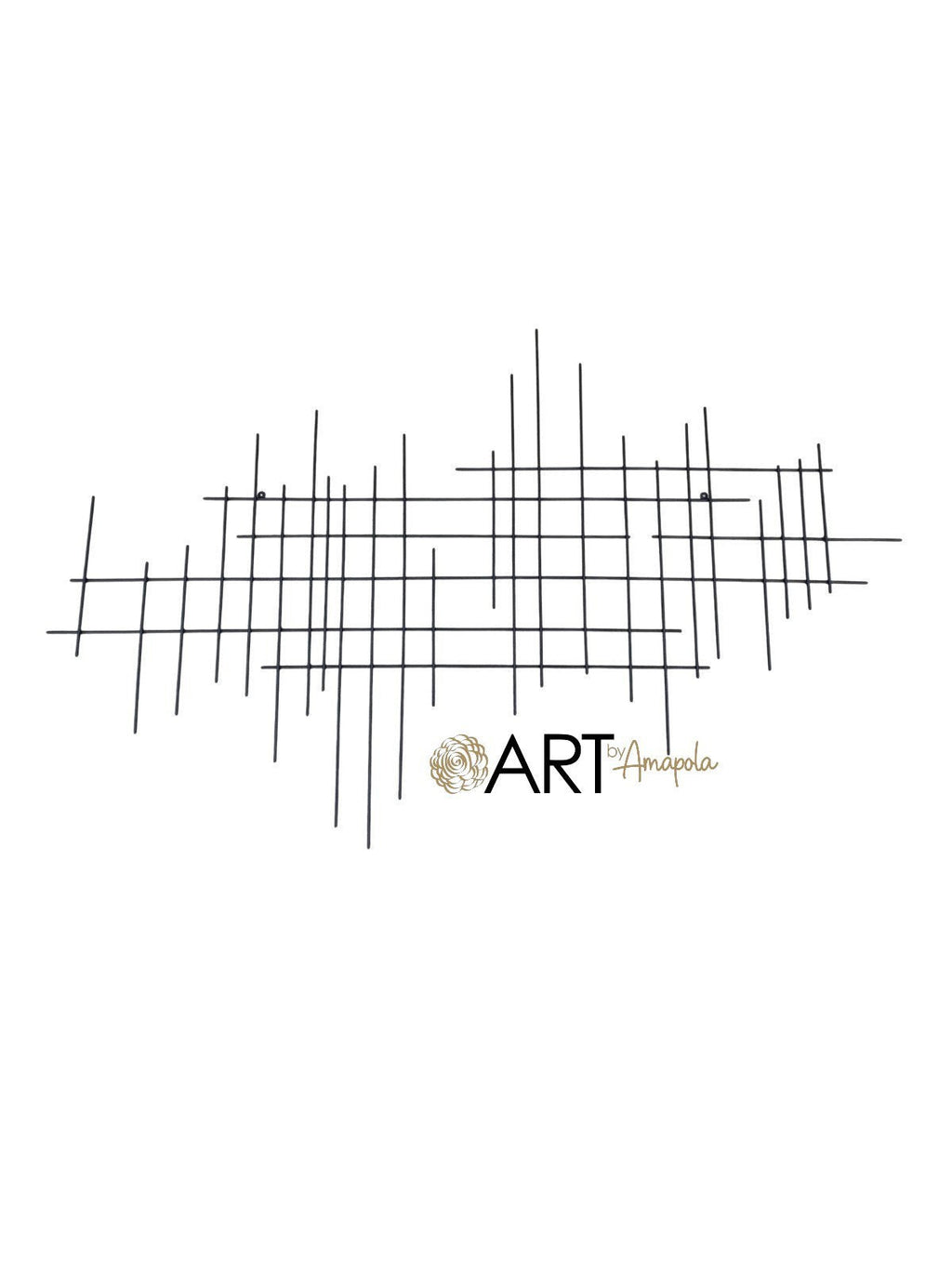 Escultura de pared geométrica de metal negro de Art by Amapola con diseño abstracto de líneas interconectadas.