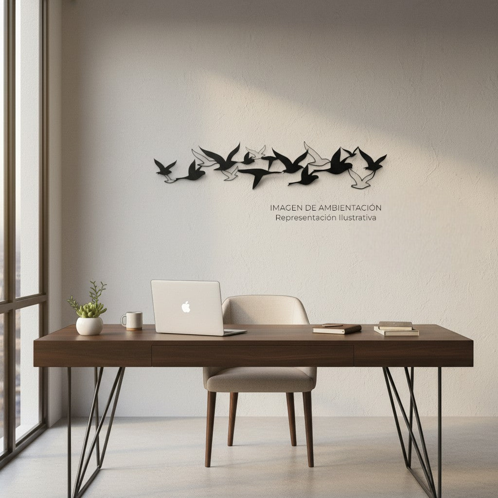 Escultura de pared Art by Amapola de metal negro mate con siluetas de pájaros en vuelo.