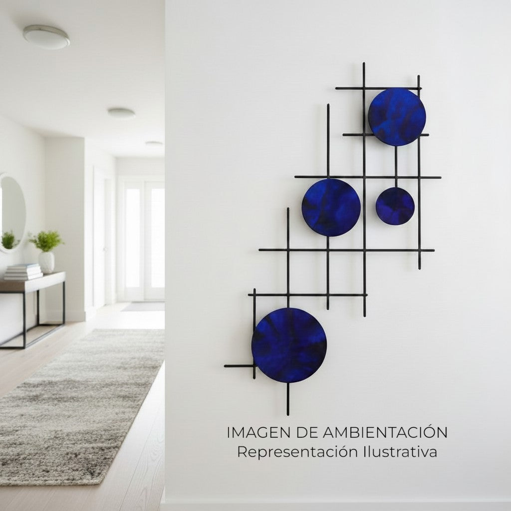 Arte de pared Art by Amapola de metal negro con círculos abstractos azules vibrantes, diseño geométrico moderno.