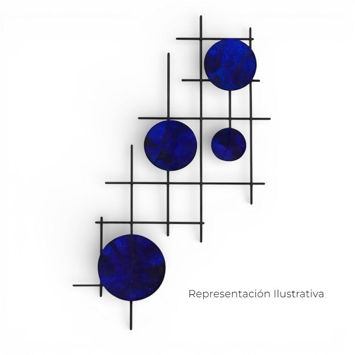 Escultura de pared Art by Amapola de metal negro con círculos abstractos de color azul vibrante. Diseño geométrico moderno.