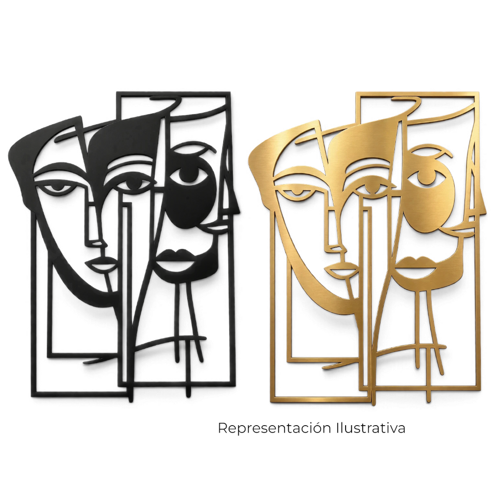 Escultura de pared Art by Amapola con diseño abstracto de rostros entrelazados en acabados metálicos negro y dorado