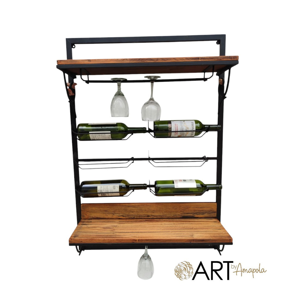 Art by Amapola industrial style metal and wood wine bar with glass holders and bottle racks.