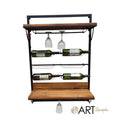 Art by Amapola industrial style metal and wood wine bar with glass holders and bottle racks.