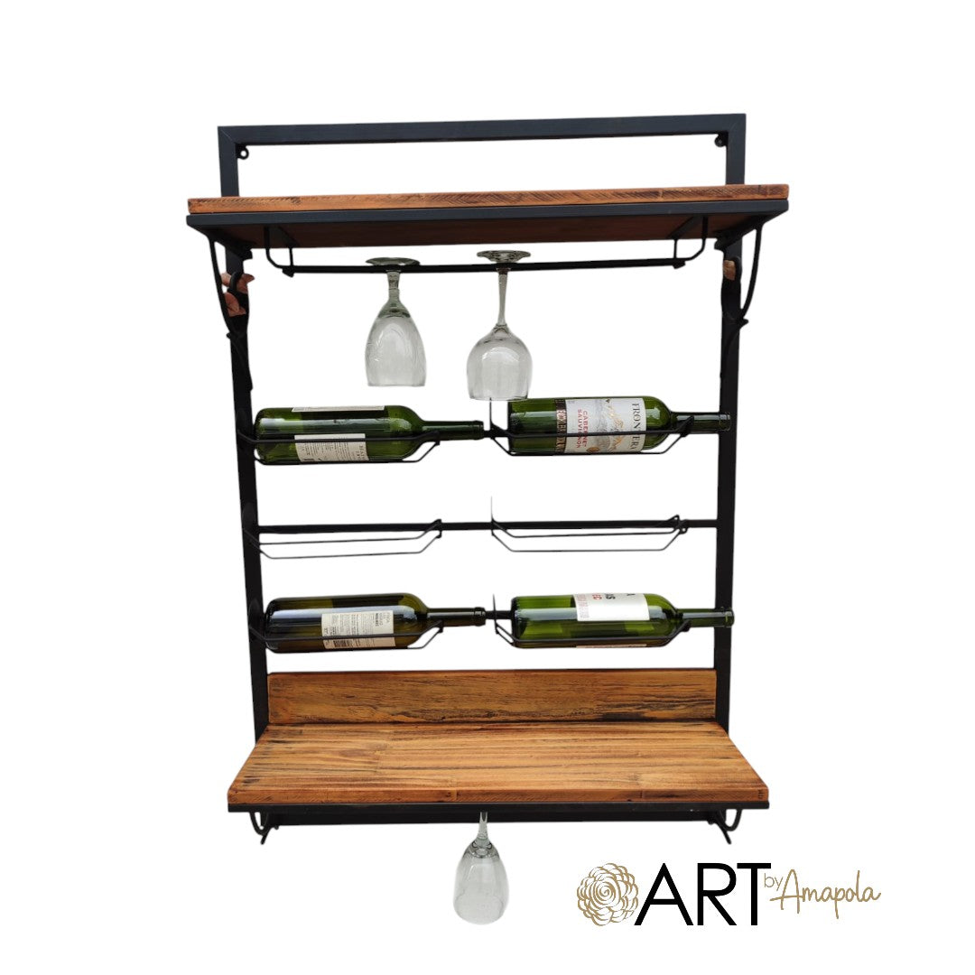 Art by Amapola industrial style metal and wood wine bar with glass holders and bottle racks.