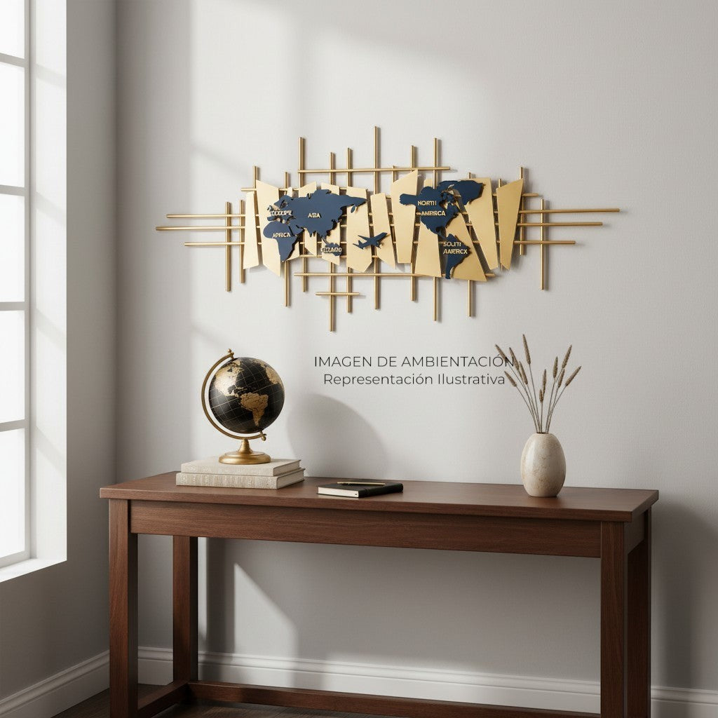 Art by Amapola Mapa del mundo moderno de metal negro con brújula y avión, decoración de pared.