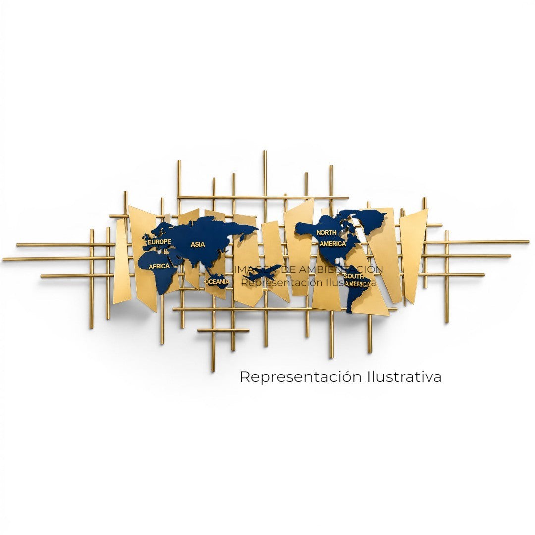 Mapa del mundo de metal negro y dorado con brújula y avión, decoración de pared moderna de Art by Amapola.
