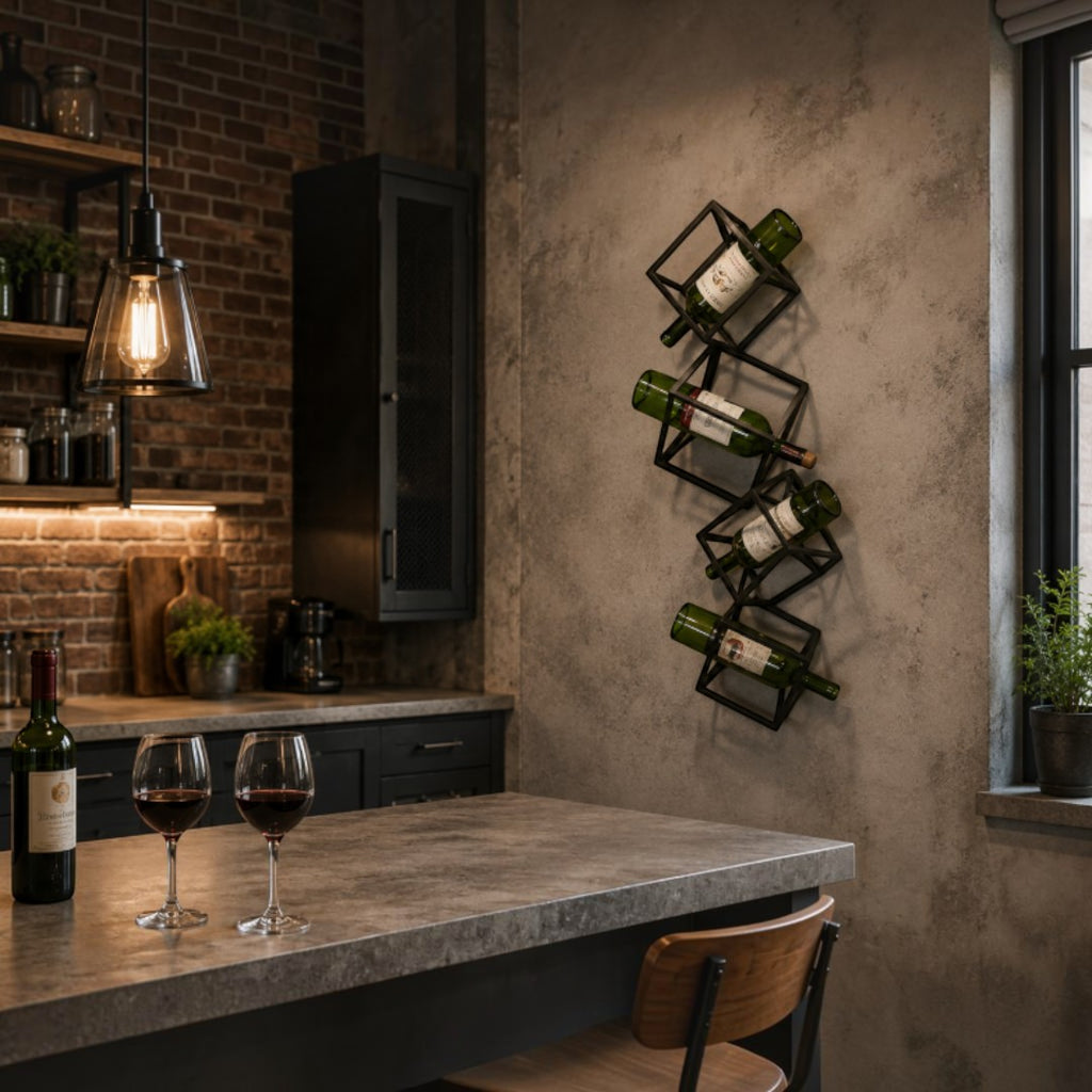 Portavinos Geometrix de Art by Amapola, estante de pared metálico con cubos negros para botellas de vino