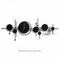 Reloj aplique Seven de Art by Amapola, diseño horizontal de metal negro con círculos, líneas y manecillas doradas.