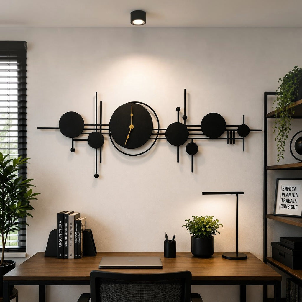 Reloj aplique Seven de Art by Amapola, diseño horizontal de metal negro con manecillas doradas sobre pared blanca.