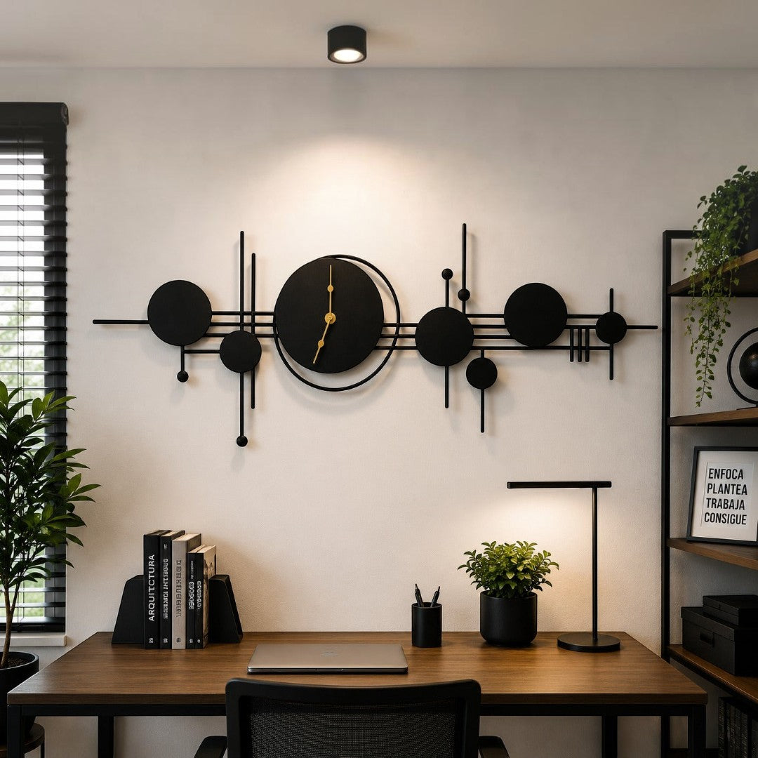 Reloj aplique Seven de Art by Amapola, diseño horizontal de metal negro con manecillas doradas sobre pared blanca.