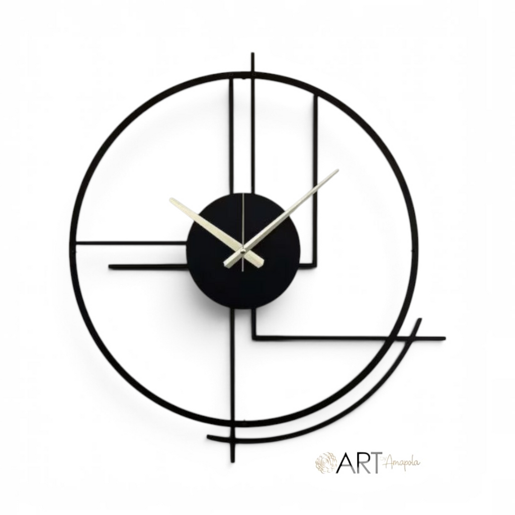 Reloj de pared Art by Amapola con diseño geométrico minimalista en color negro mate y manecillas metálicas finas.