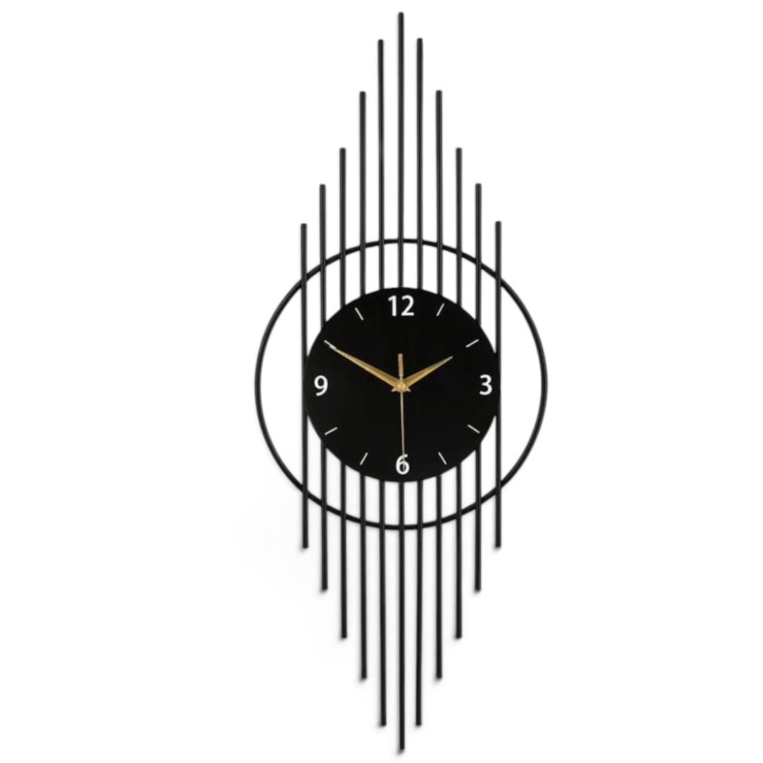 Reloj de pared Art by Amapola con diseño geométrico vertical en metal negro mate y manecillas doradas elegantes.
