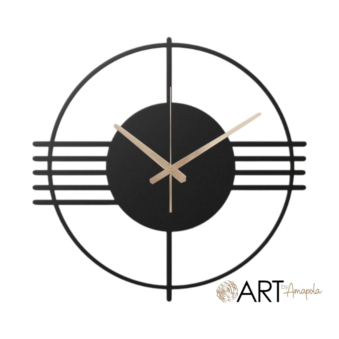 Reloj de pared Art by Amapola minimalista negro mate con diseño geométrico y manecillas metálicas en contraste