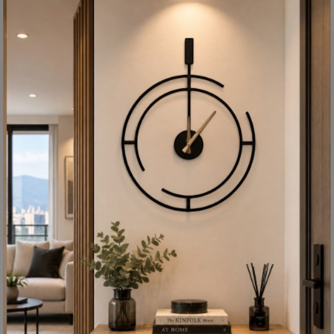 Reloj de pared minimalista Art by Amapola en negro mate con manecillas doradas, diseño geométrico circular moderno.