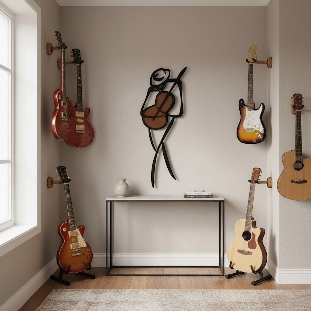 Escultura de pared abstracta de músico con guitarra de Art by Amapola, en metal negro con detalle en cobre.