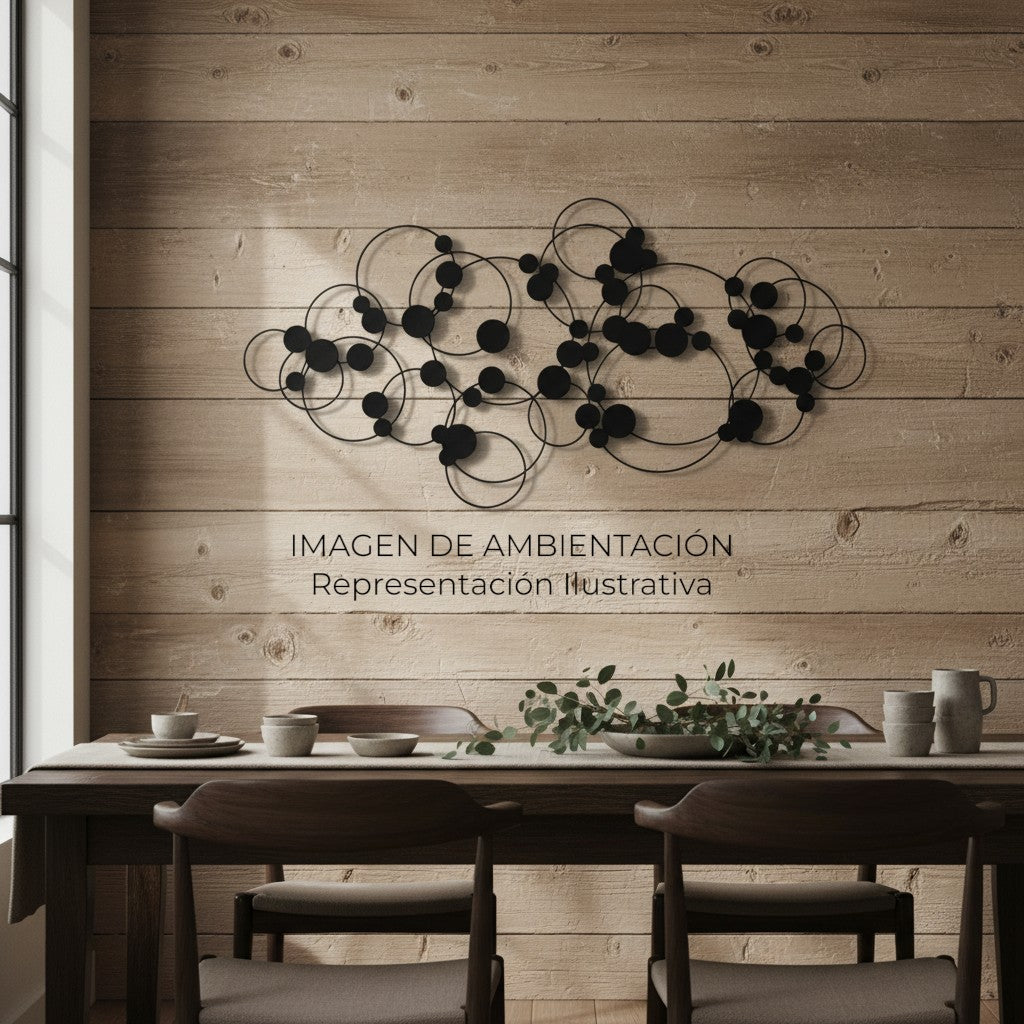 Escultura de pared Art by Amapola de metal negro con círculos entrelazados y esferas, arte moderno abstracto.