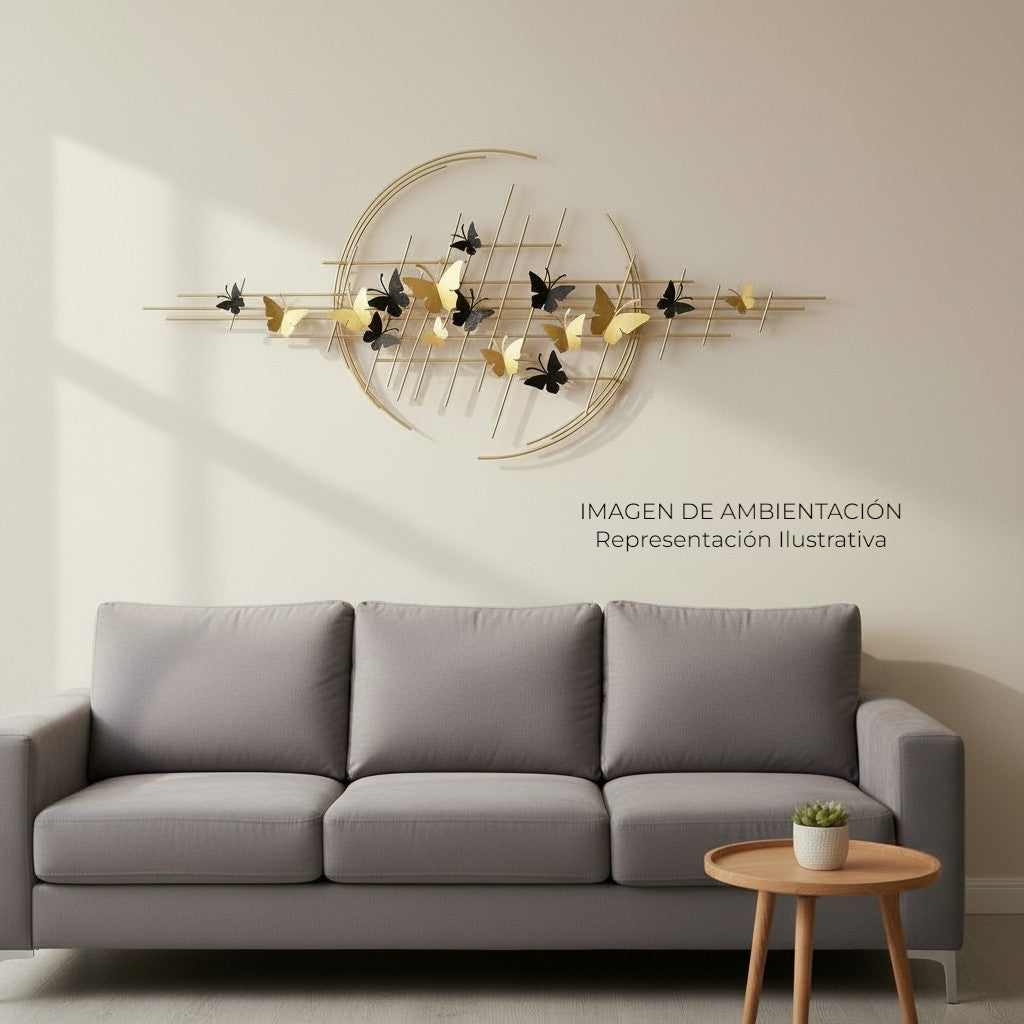 Art by Amapola large metal wall art with gold and black butterflies on a circular frame, 90x180 cm.