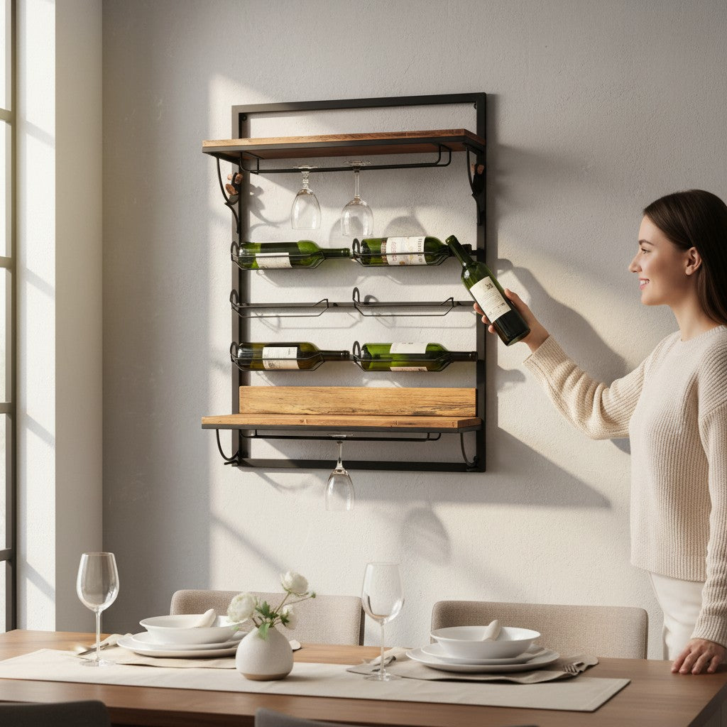 Art by Amapola industrial style metal and wood wall-mounted wine bar with bottle racks and glass holders.