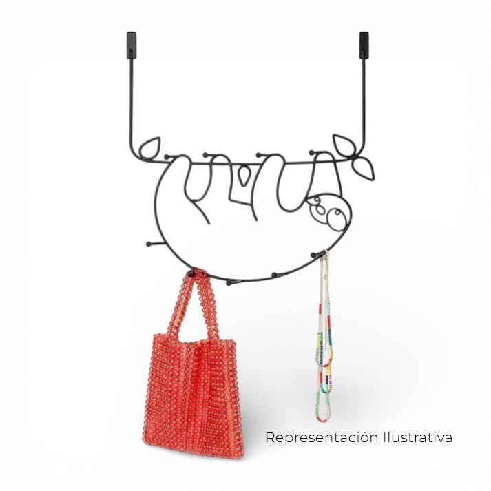 Art by Amapola black metal sloth wall hook, 40cm x 60cm, holding a red beaded bag and necklaces.